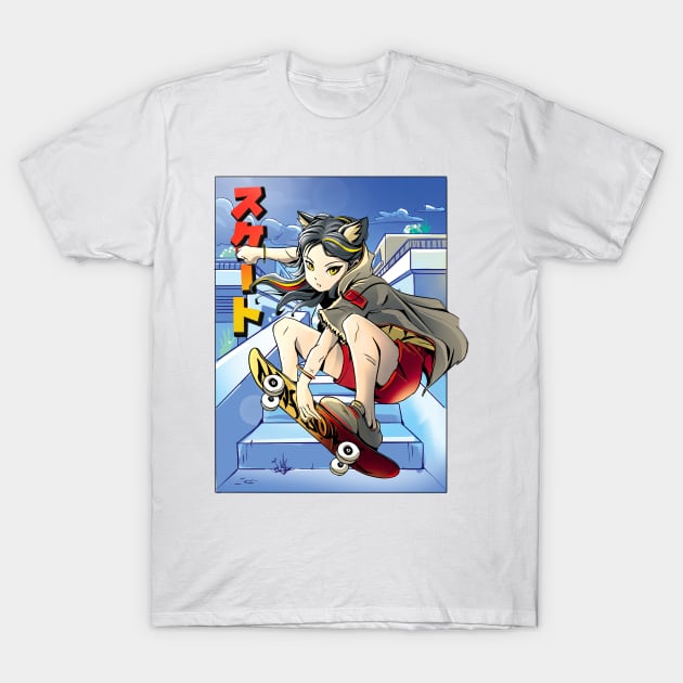 Anime cat girl skateboarding T-Shirt by madeinchorley